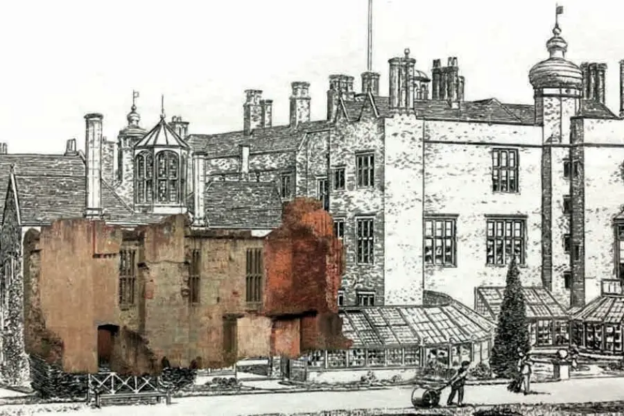 Drawing of the hall ruins laid over the house as it was before demolition